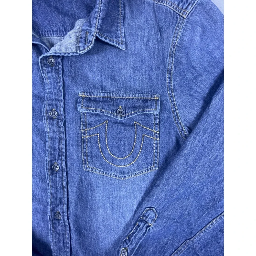True Religion Denim Shirt Mens L Blue Chambray Shirt Western Horseshoe Pockets